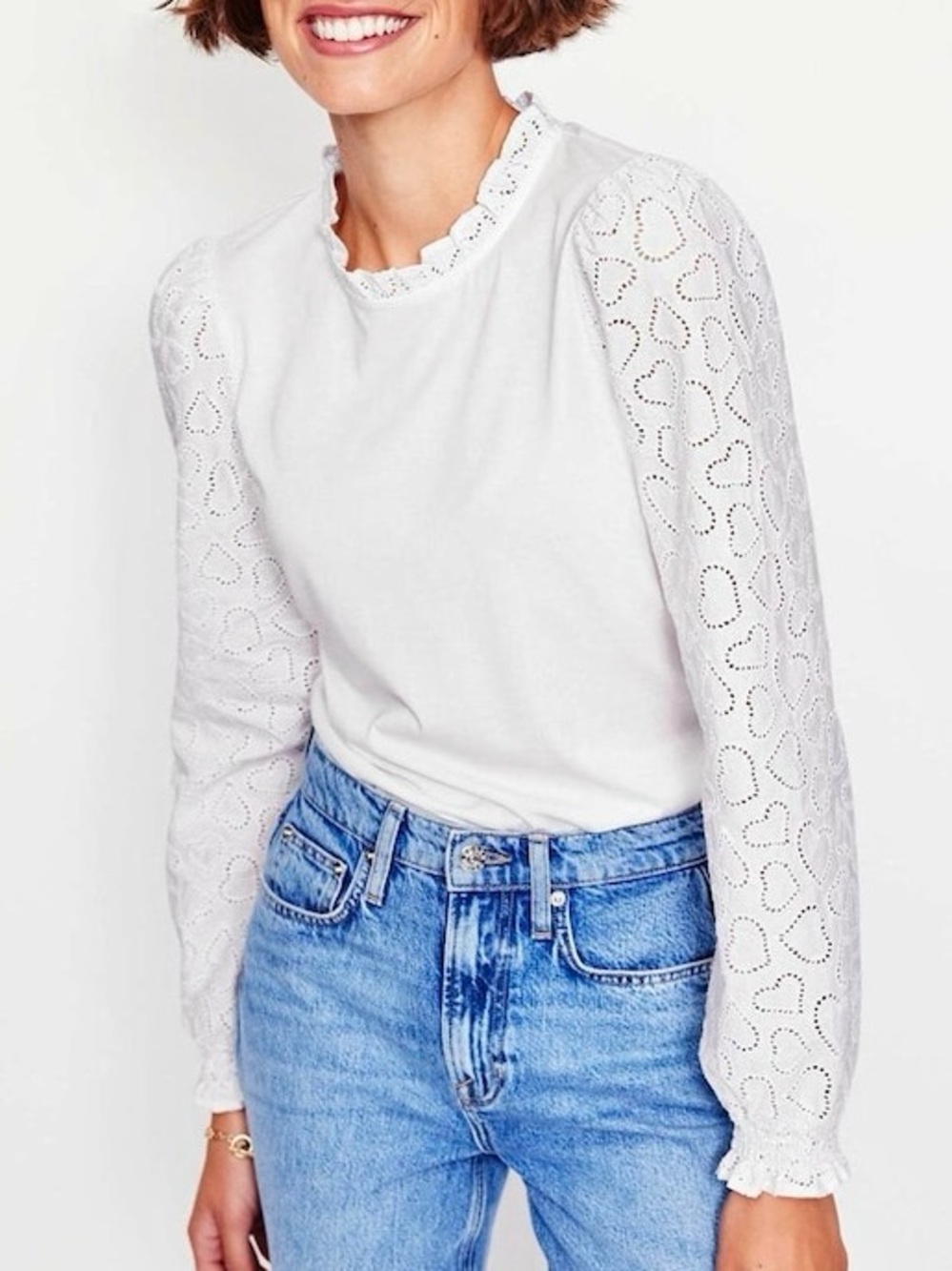 NWT Boden White Broderie Heart Eyelet Cutout Puff-Sleeve Blouse Top Size 4 US